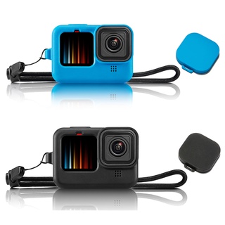 เคสซิลิโคนพร้อมฝาครอบเลนส์และเชือกเส้นเล็กสําหรับ Gopro Hero 9 สีดํา