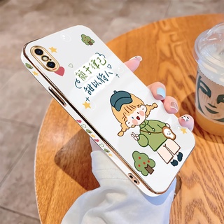 เคสไอโฟน iPhone X XS Max XR 11 Pro Max 11Pro เคสโทรศัพท์มือถือ TPU นิ่ม ขอบสี่เหลี่ยม ลายการ์ตูนเด็กผู้หญิงตัวเล็กน่ารัก สีเขียว หรูหรา