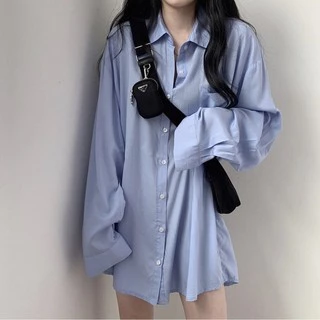 ล้างสต็อก🔥 PB2800 เสื้อเชิ้ตผู้หญิง oversize ผ้าคัตตอล อย่างดี เสื้อเชิ้ตแขนยาวกันแดดชิคสไตล์เกาหลี สีขาว/ฟ้า