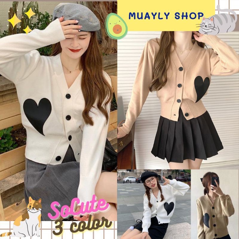 🌼🧥เสื้อคาร์ดิแกนสไตล์เกาหลี ปักรูปหัวใจ🖤 เสื้อคลุมไหมพรมคอวี แขนยาว กระดุมหน้า