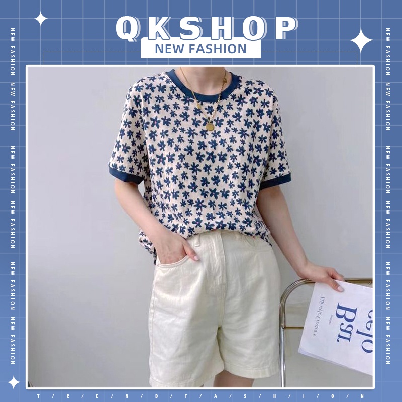 QKshop 🎉เสื้อยืดคอกลมแขนสั้นพิมพ์ลายดอกไม้🔥💞 น่ารักมากๆ  ใส่สบายไม่ร้อน✨ เหมาะกับสาวๆทุกวัย🌈