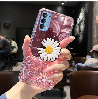 เคสโทรศัพท์ OPPO Reno5 5G Reno5 Pro 2021 Fashion Bling Glitter Star Transparent Case with Daisy Folding Stand Holder Softcase เคสReno 5