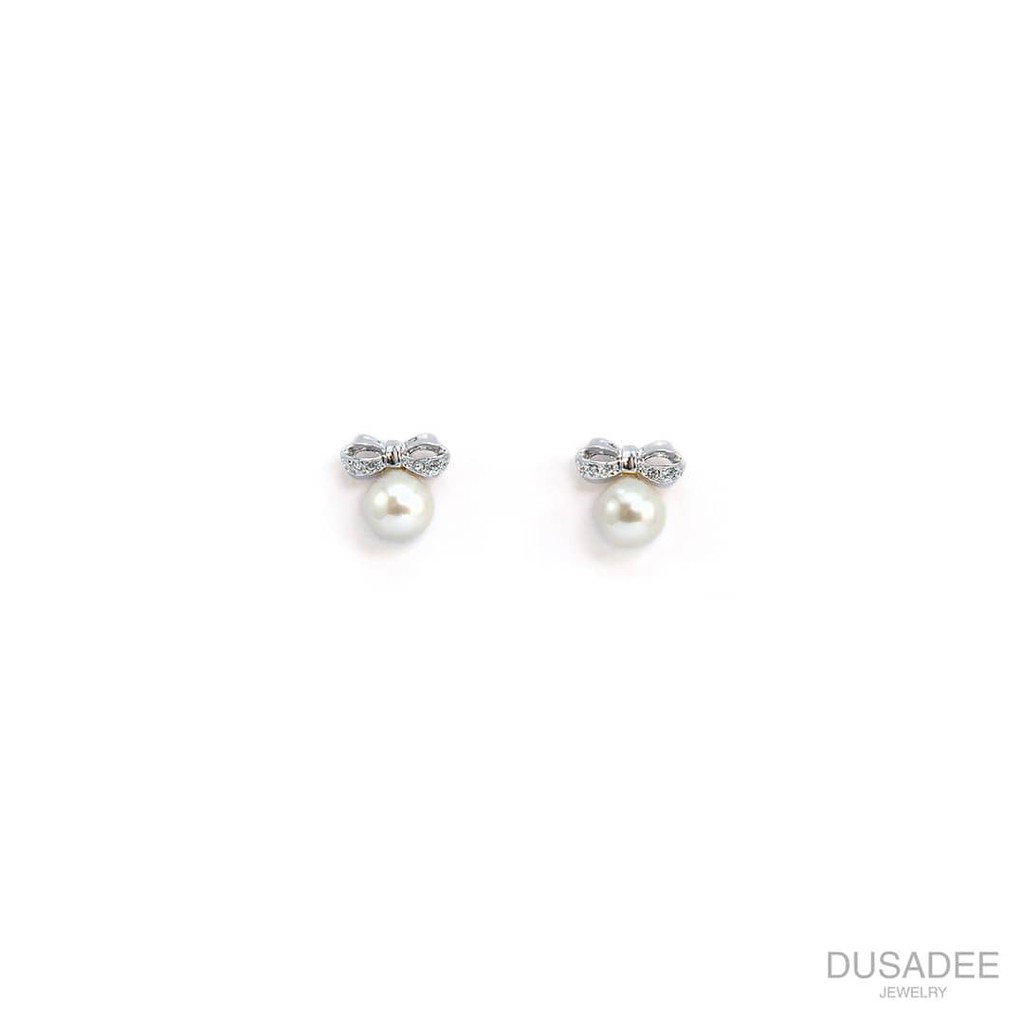 Bow Earrings ต่างหูเงินแท้ ชุบทองคำขาว ประดับเพชรสวิตน้ำ100 แบรนด์ Dusadee Jewelry