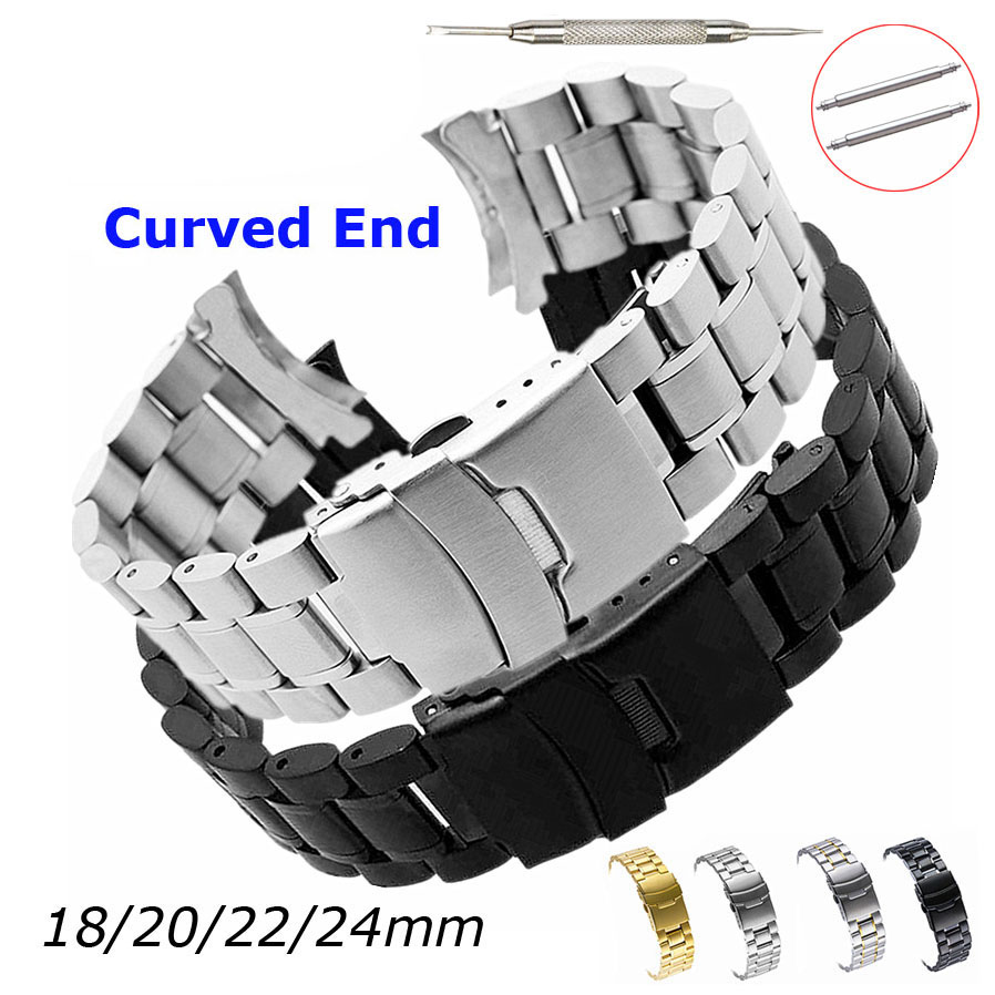 Curved End Replacement Watch Band 18mm 20mm 22mm 24mm Stainless Steel Watch Strap Double Lock Buckle