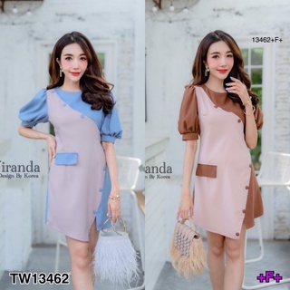 👗Pfashion [ส่งไว!!🚛] P13462 เดรสสั้นแขนพอง ตัดต่อผ้าสีทูโทน ติดกระดุมปั้ม puff sleeve short dress Two-tone fab