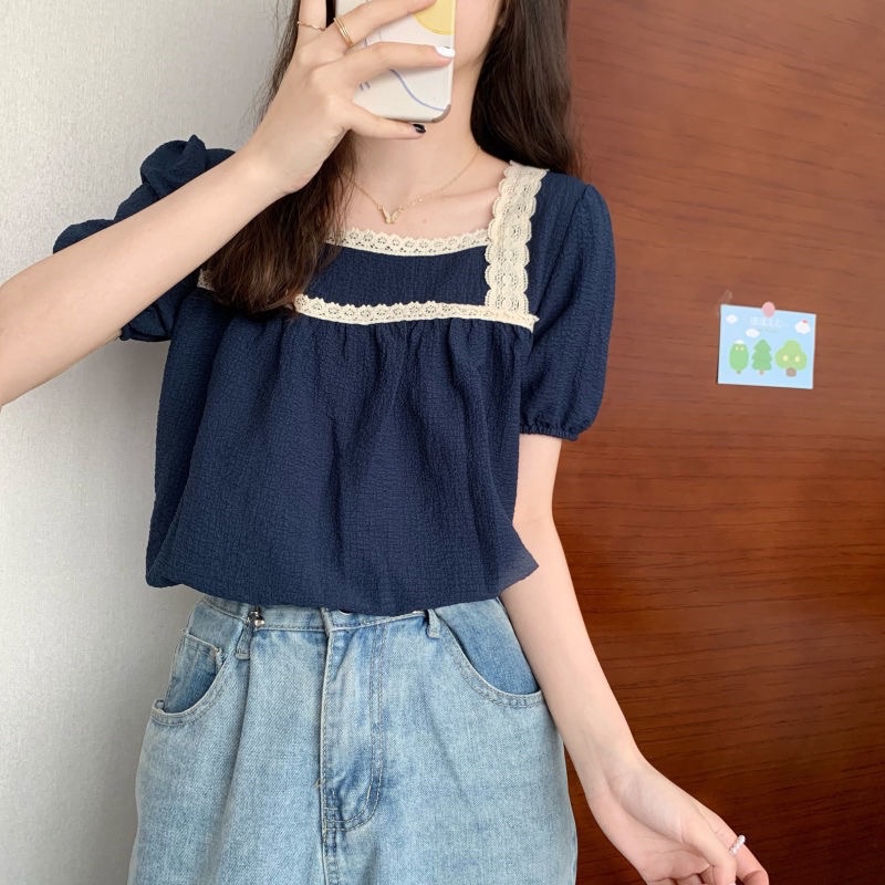 💎LDshop.เสื้อเกาหลี คอเหลี่ยม แขนพอง แต่งลูกไม้ เสื้อทำงาน เรียบๆ