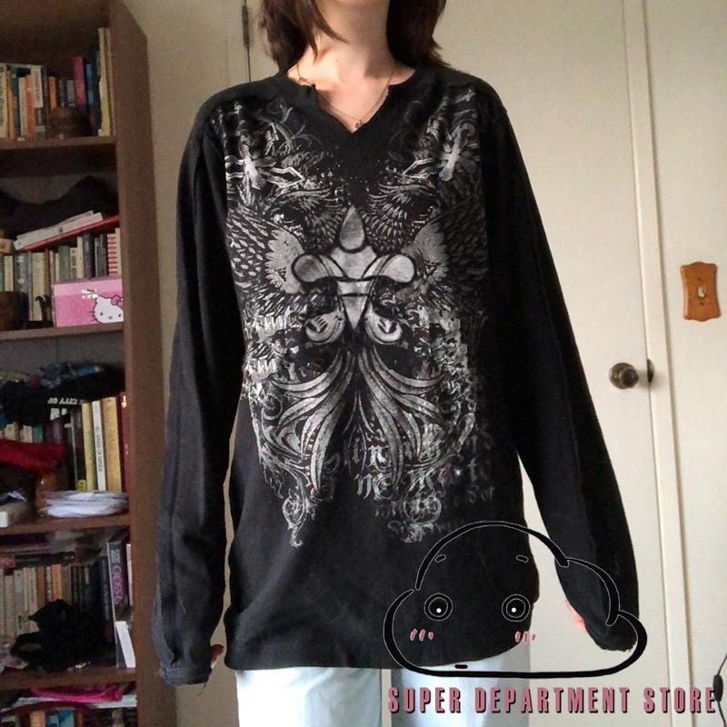 ♣XN✪y2k Women Print V-Neck Long Sleeve T-Shirt Blouse