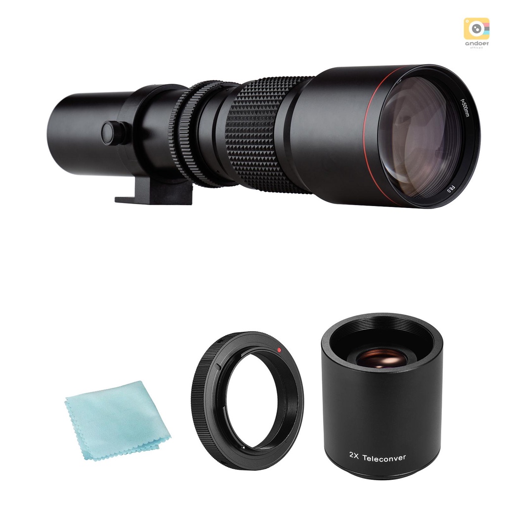 Camera Super Telephoto Lens 500mm F/8.0-32 Manual Zoom T-Mount + 2X 500mm Teleconverter Lens + T2-AI