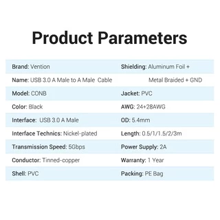 Vention สาย USB 3.0 A-to-A แรงสุด 5Gbps สำหรับถ่ายโอนข้อมูลเร็วและชาร์จอุปกรณ์