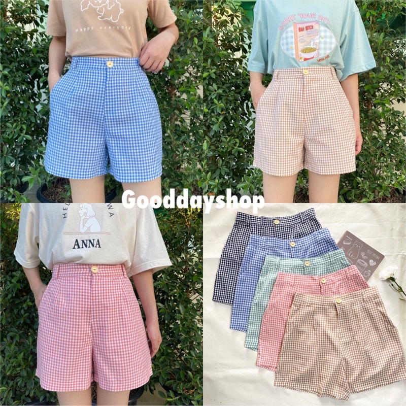 015 กางเกงขาสั้นลายสก็อตสีหวาน  มีกระเป๋า 2 ข้างฟรีไซส์ยางยืดหลัง