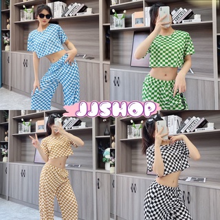 JJ Shop​💜​พร้อมส่ง  3in1 ชุดเซ็ต เสื้อยืดแขนสั้น+เสื้อครอป+กางเกงขายาว ลายตารางคุ้มมาก "DX-1225" 09 -N