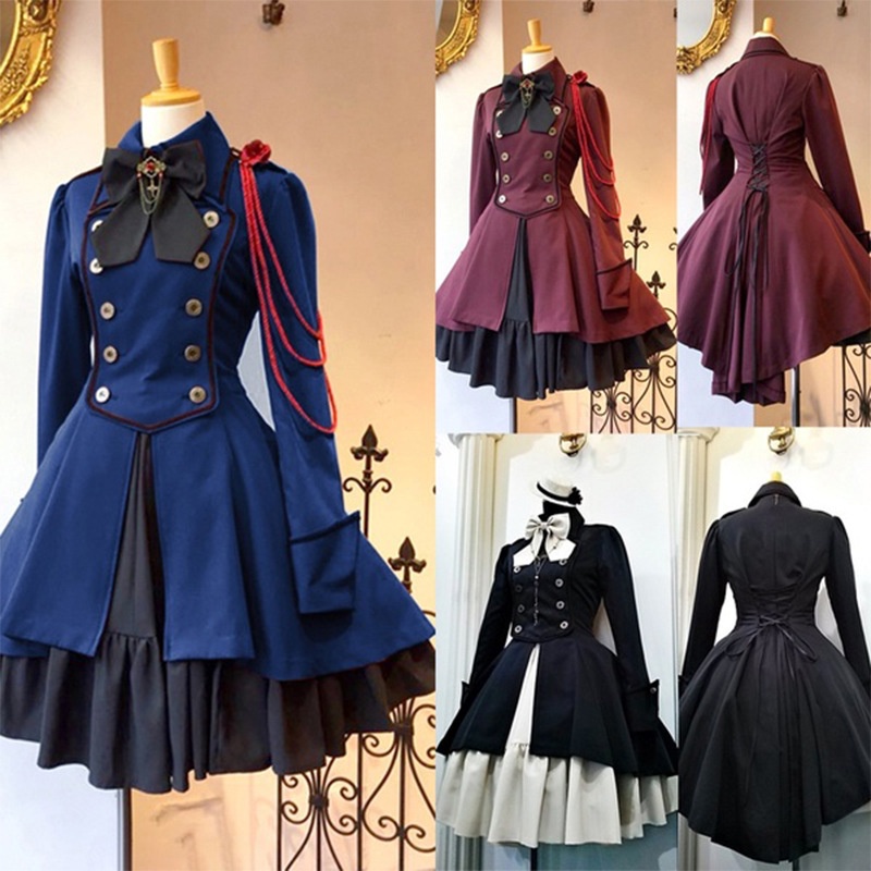 S-5XLLarge ยุคกลาง Retro Gothic ลูกไม้สีดํา Bow Coat แขนยาว Ruffle Lolita ชุด Slim เข่าความยาวคอสเพลย์