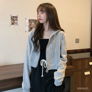 【RY-ร้านแฟชั่น】MONI เสื้อแขนยาวมีฮู้ดมีซิปผู้หญิง สีพื้น oversize เสื้อผ้าแฟชั่นวัยรุ่น สไตล์เกาหลี เสื้อครอปใหม่