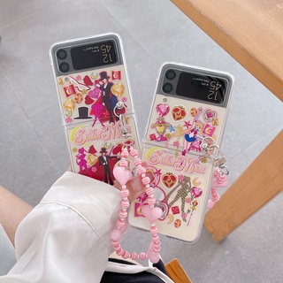 เคสโทรศัพท์มือถือ PC แข็ง แบบใส กันกระแทก ลายการ์ตูนเซเลอร์มูนน่ารัก พร้อมขาตั้ง สําหรับ Samsung Galaxy Z Flip 3 5G Zflip 4