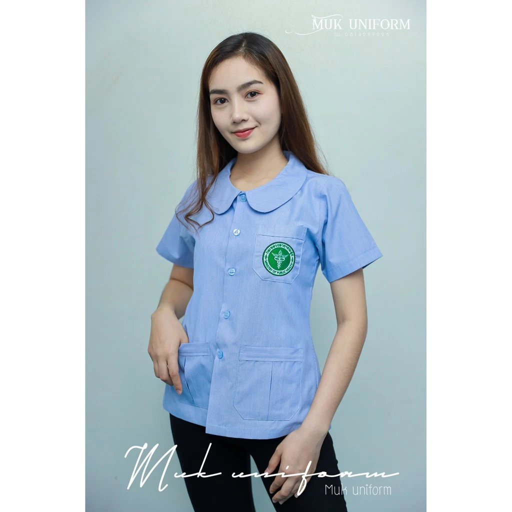 ( Live 11.30 - 13.00 น.ทุกวัน ) เสื้อกาวน์ คอบัว แขนสั้น ฟ้าริ้ว ฟ้า-ขาว ตรากระทรวงสาธารณสุข มุกยูนิฟอร์ม