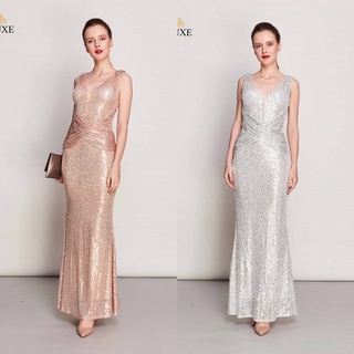 M2 S-XL Maxi dress แม็กซี่เดรส เดรสยาว คอวี แขนกุด เดรสเข้ารูป เดรสสีชมพูทอง เดรสสีเงิน เดรสออกงาน ชุดราตรี LUXE