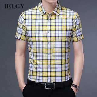 Ielgy เสื้อเชิ้ต แขนสั้น ลายสก๊อต คอปก แบบบาง สําหรับผู้ชาย