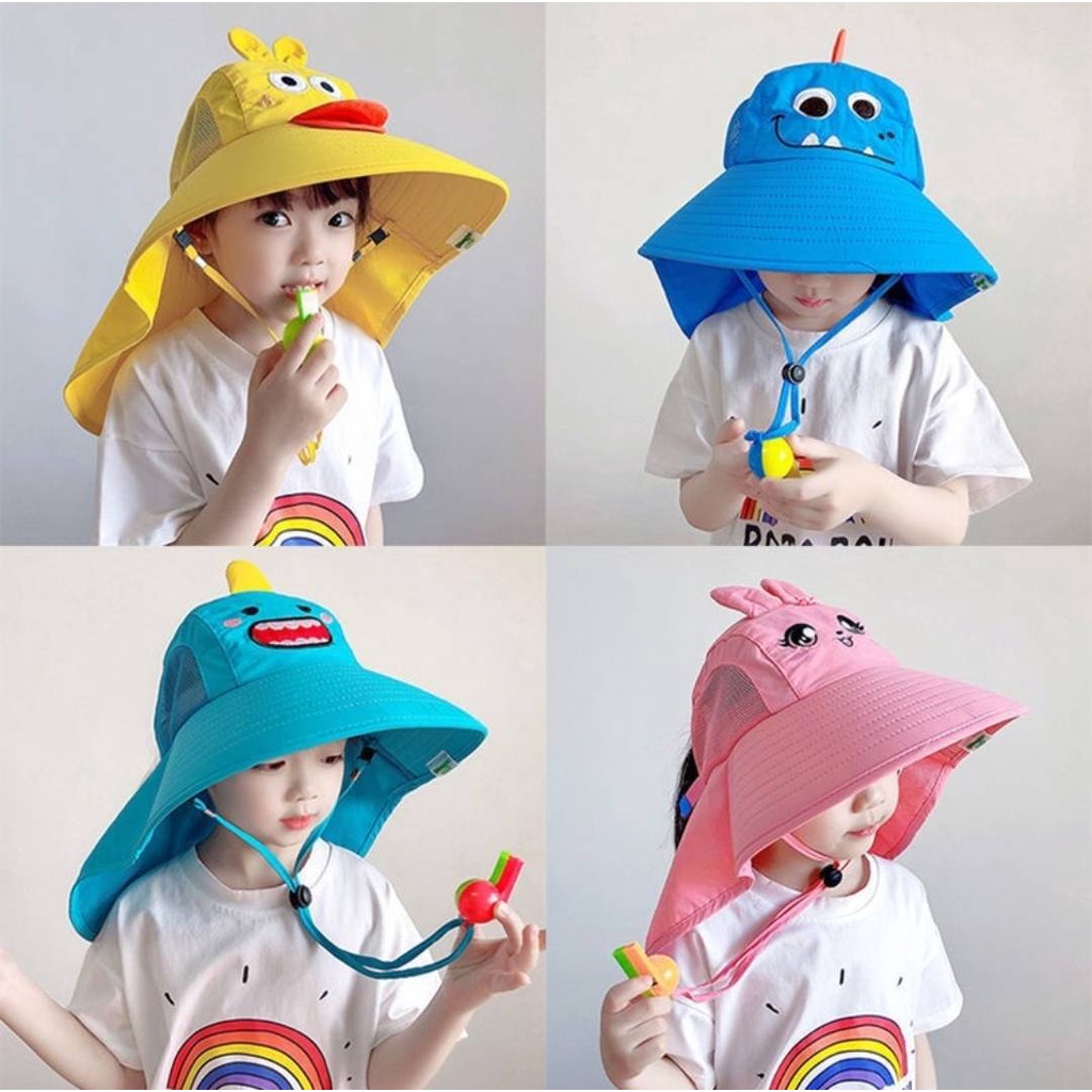★ส่งด่วน★ หมวกเด็ก 1ปี-10ปี รอบหัว:52-55 cm. หมวกปีกกว้างกันแดด ฤดูร้อน ป้องกัน UV ติดนกหวีด ลายกระต่าย เป็ด ไดโนเสาร์