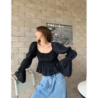 Cicishop(1824/3036)เสื้อคอเหลี่ยม สม็อคช่วงอก แต่งแขนสม็อค เนื้อผ้าใส่สบาย งานสวย