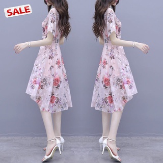 tdg Women  Dress Floral Print Short-sleeve Crew-neck Skirt Irregular Waist-slimming Dress