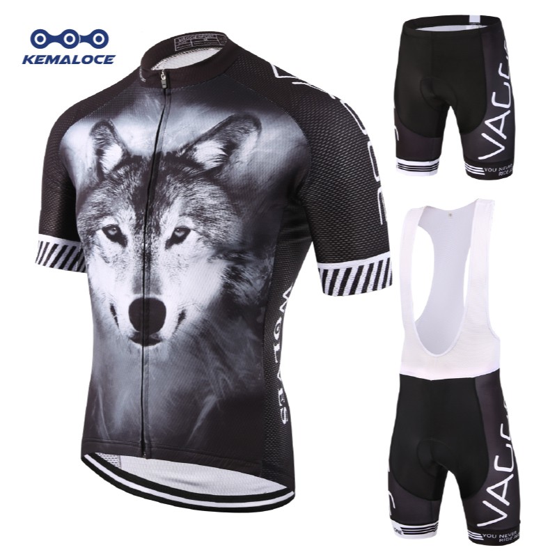 KEMALOCE Wolf Cycling Wear Summer Breathable Black Cycling Clothing Quick Dry Compression Bike Kit