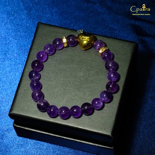 กำไลหิน 8 มิล  หินนำโชค Amethyst +  Heart with Crown sterling silver 925