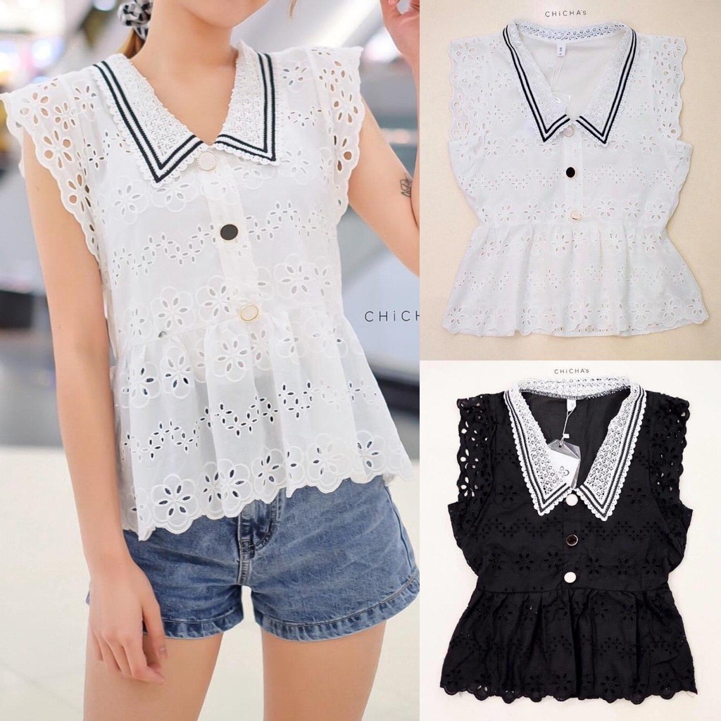 Code no:2007022810-Chicha เสื้อแขนกุดปักฉลุลายหวานๆ คอปกแต่งลูกไม้สลับสวย กระดุมเกร๋สลับสี แขนระบาย 