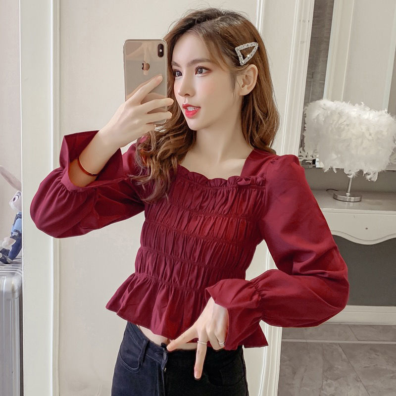 เสื้อชีฟองแขนสั้นคอสี่เหลี่ยม