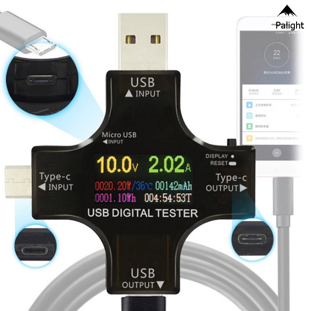 PA เครื่องทดสอบ เครื่องวัด USB LCD ดิจิทัล มัลติมิเตอร์ แรงดันไฟฟ้า กระแสไฟ อเนกประสงค์ Type-C