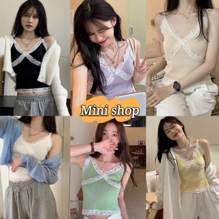 Mini shop🌸พร้อมส่ง🌸 เสื้อสายเดี่ยวไหมพรม ลูกไม้ขอบน่ารัก😍 (1635)