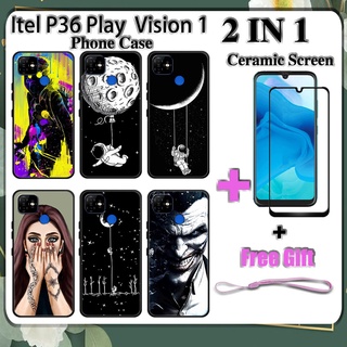 2 IN 1 Itel P36 Play Vision 1(6.09 นิ้ว) เคสโทรศัพท์ พร้อมกระจกนิรภัย เซรามิค ป้องกันหน้าจอ โค้ง ฟิล์มนิรภัย อวกาศ ด้านนอก