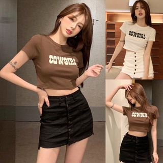 Korean🧧 เสื้อยืดครอปคอกลมแขนสั้น สกรีน COWG|RL 2 สี