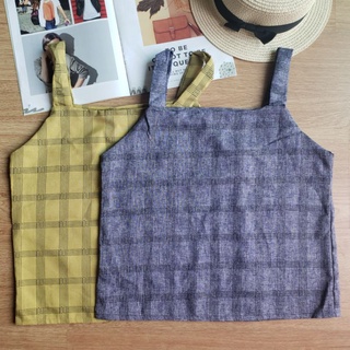 เสื้อสายเดี่ยว สายแบบหนา ไม่โป๊ ผ้าฝ้าย ลายตาราง คอเหลี่ยม ผ้าใส่สบาย
