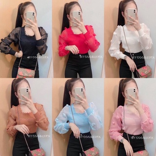 เสื้อคอเหลี่ยม แขนยาวแขนปักดอกไม้หรูหรา รุ่นฮิตตต