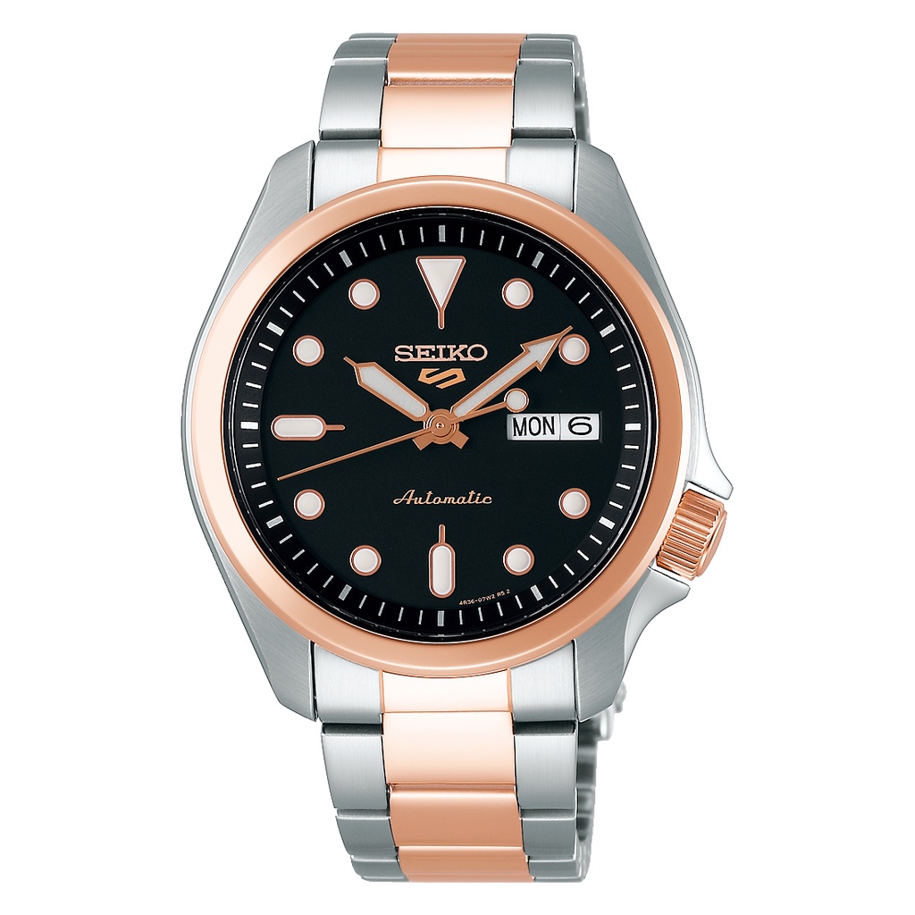 Karnvera Shop นาฬิกาข้อมือผู้ชาย Seiko 5 Sports Automatic 100m 2 Tone Rose Gold Watch SRPE58K1