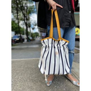 Stripe Mustard Canvas Ruffle Tote bag / drawstring bag กระเป๋าแคนวาสลายจุด ทรงหูรูด Underlinebags