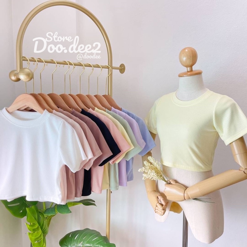 DOODEE2 เสื้อครอปคอกลม แขนสั้น ทรงเบสิค ผ้าร่องใหญ่