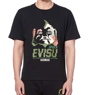 เสื้อยืดพิมพ์ลาย Evisu เสื้อยืดลําลองสําหรับผู้ชายแขนสั้นพิมพ์ลาย Buddha Head สีดําวินเทจ