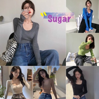 Sugar 🌈พร้อมส่ง🌈 เสื้อยืด แขนยาว คอกลม ไหมพรมผ้าร่อง ยืดได้เยอะมาก(6365)