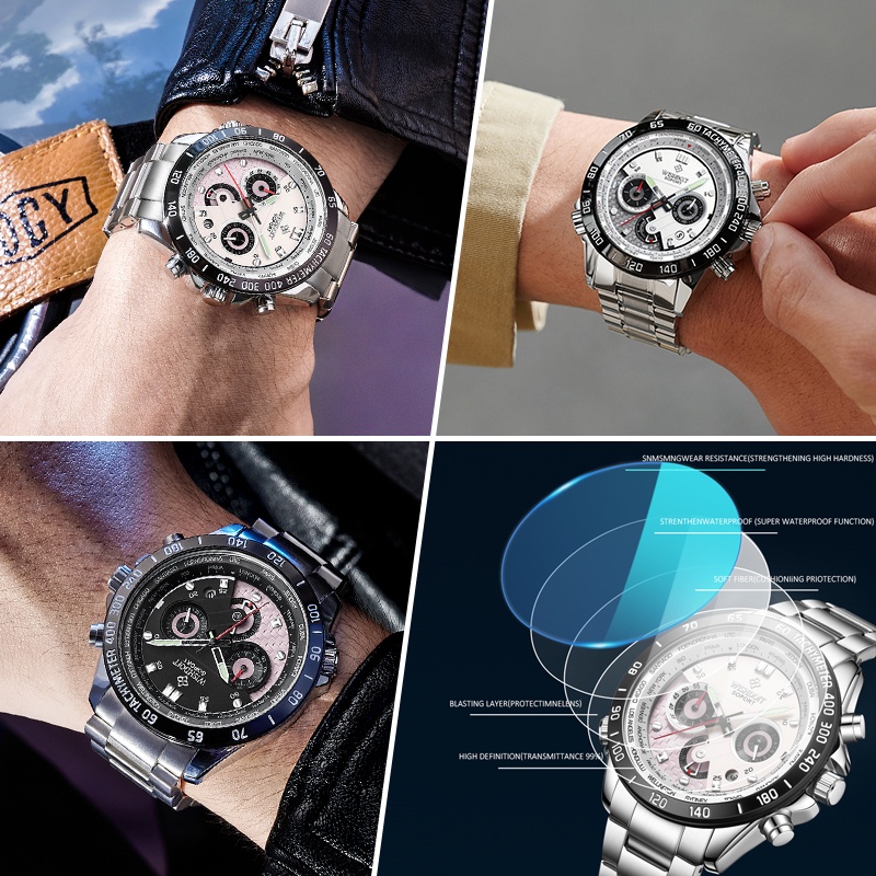 WISHDOIT Jam Tangan lelaki ผู้ชายหรูหราแท้นาฬิกากันน้ําสแตนเลสสีดํามัลติฟังก์ชั่ Chronograph กีฬา Luminous Analog นาฬิกาควอตซ์