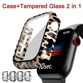 ดูเคสป้องกัน 360 Full Bumper Frame Matte Hard Case For Apple Watch 6 SE 5 4 3 2 1 Leopard Screen Protector Cover Tempered Glass For Iwatch