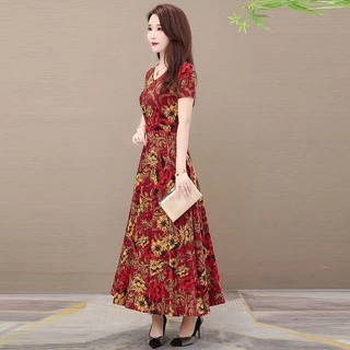 พร้อมส่งในไทย เดรสสตรีสวยหรูเนื้อผ้าเรียบๆใส่สบาย แฟชั่นวินเทจลายผสมผสานเดรสยาวกระโปรงทรงซ้อนสวยมาก