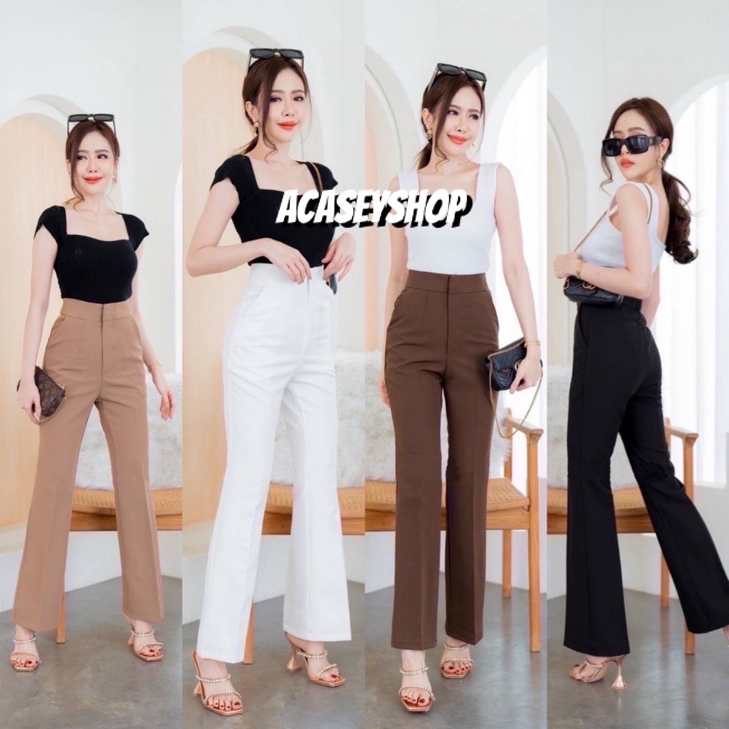 Acasey กางเกงขายาวผู้หญิง ขาม้า ผ้าไอด้า เอวสูงตะขอหน้าซิปหน้า