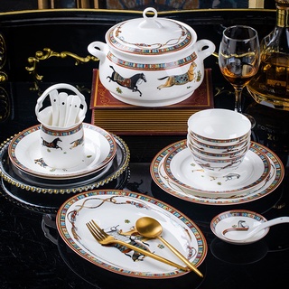 ✥☌Bone China Ceramic Tableware Set European Style Luxury Kitchen Dinner Bowl Plate Spoon Combination Wedding Gift Horse