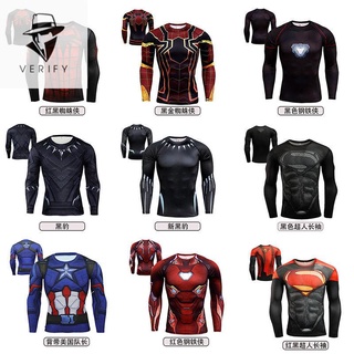 ☂☼ชุดกีฬาเด็ก Captain America Marvel เสื้อรัดรูปเสื้อผ้ารัดรูปแห้งเร็วเสื้อผ้าออกกำลังกายกีฬาเสื้อยืดแขนยาวผู้ชาย