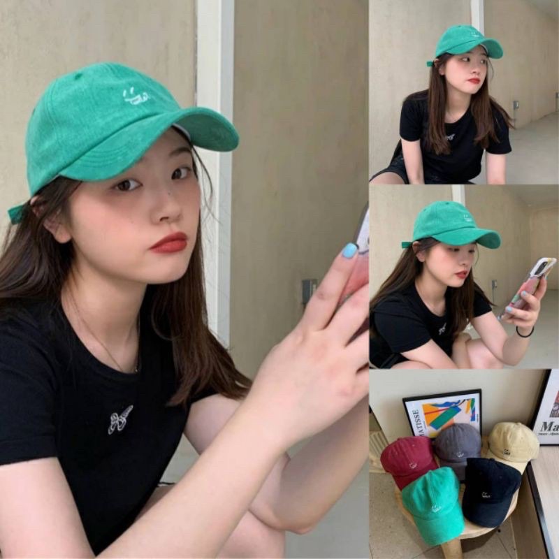พร้อมส่ง5สี หมวกแก๊ปปักหน้ายิ้ม หมวก สไตล์เกาหลี มินิมอล