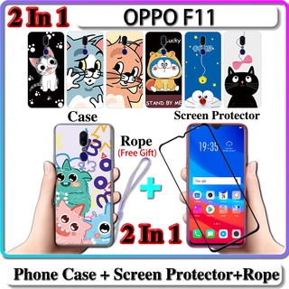 2 IN 1 เคส OPPO F11 เคส พร้อมกระจกนิรภัยโค้ง ป้องกันหน้าจอ เซรามิค ลายแมว และโดราเอมอน