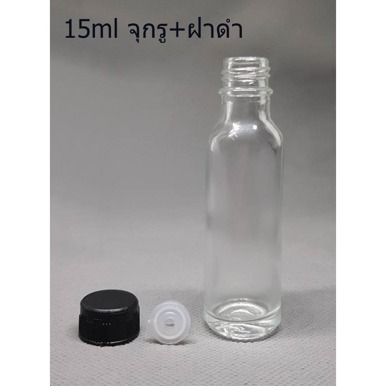 ขวด 15 มล.(100 ใบ) แก้ว กลม ใส + จุก มีรู+ ฝา 14 มม.(GW.=3.500 Kg.)