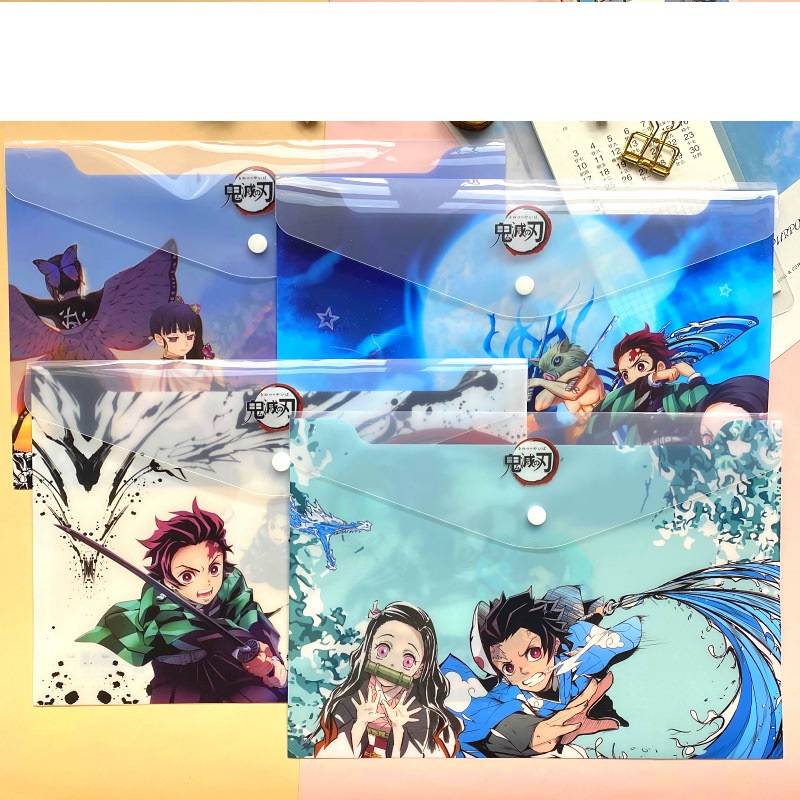 แฟ้มซองพลาสติก A4 มีให้เลือกหลายสี Anime Demon Slayer Kimetsu No Yaiba Kamado Tanjirou A4 Files Holder PVC Press Button File Bag Folder Document Organizer Tsuyuri Kanawo Stationery gift