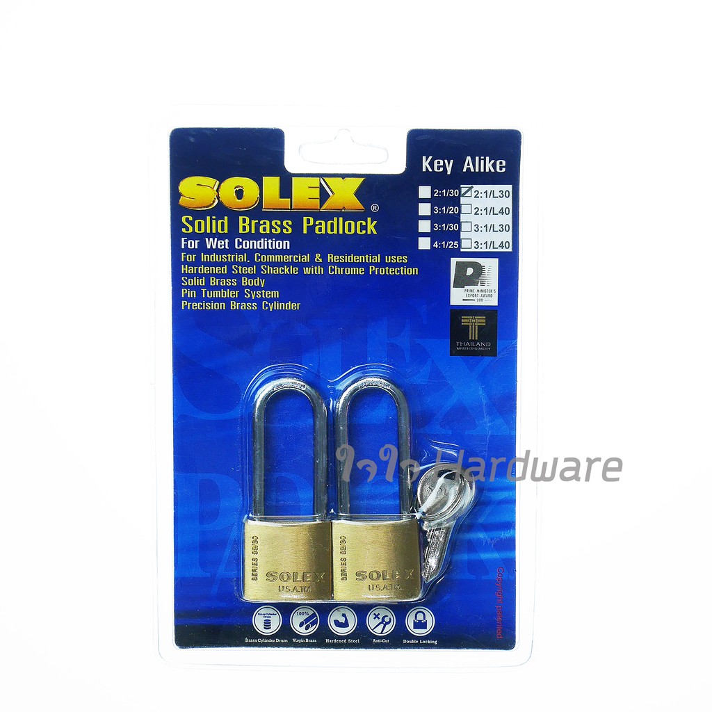 กุญแจ Solex รุ่นสปริง คอยาว ขนาด 40 มม. แพ็คคู่ 2 ชิ้น กุญแจสปริง รุ่น 2:1/L40 ทองเหลืองแท้ โซเล็กซ์ B53-01